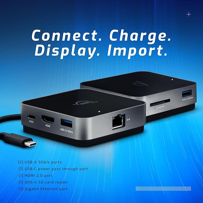 OWC USB-C Travel Dock E 6 Port Bus-Powered USB Type-C 100W Pass Through one 4K Display (2) USB 3.2 Type-A HDMI SD Card Gigabit Ethernet Compatible with Thunderbolt Devices