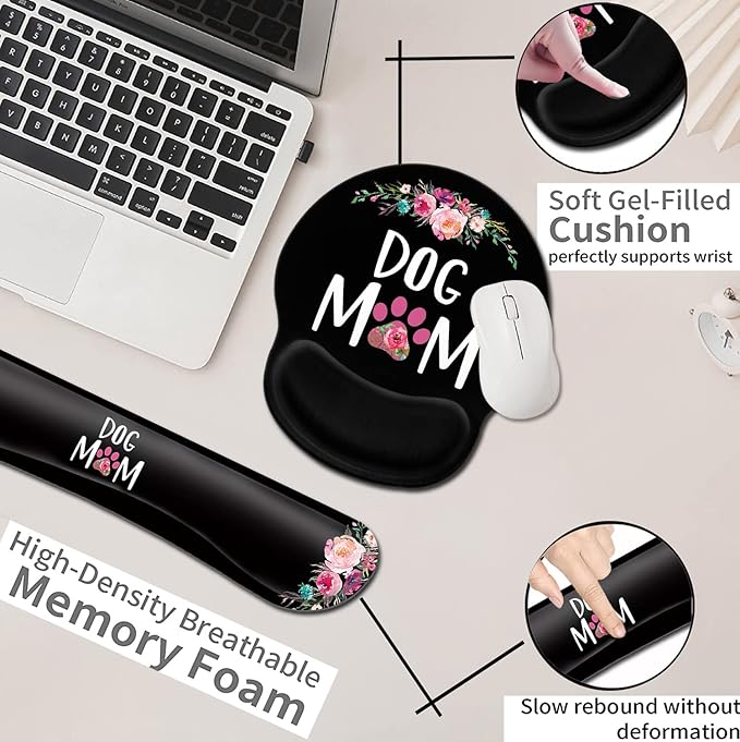 Mouse Pad with Gel Wrist Rest SupportErgonomic Soft Keyboard Wrist Rest to Relieve Wrist Fatigue Cute Dog Mom Floral and Black MousePads Desktop DecorationSuitable for Office Typing Games Mousepad