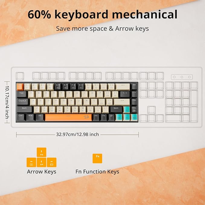 Redragon 60% Mechanical Gaming Keyboard 68 Keys Wired Office RGB Keyboard with Arrow Keys Programmable Macro Red Switches for Windows Mac PC Laptop Black/Beige/Orange