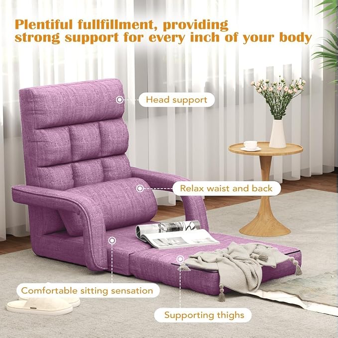 Floor Gaming Chair 6 Position Adjustable Indoor Chaise Lounge for Teens Adults Padded Folding Sofa with Armrests and Pillow Comfy Chair for Meditation Reading Purple