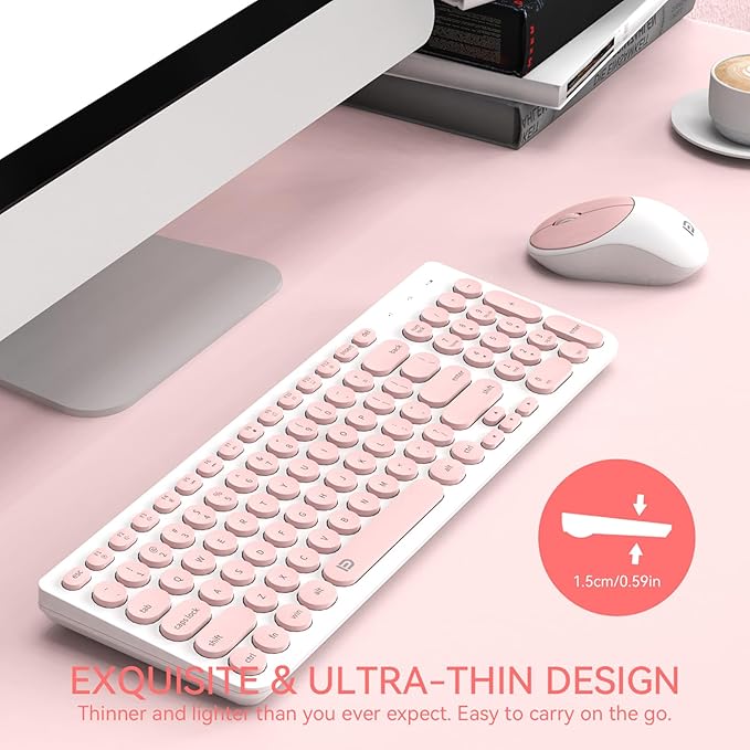 FD iK6630 Wireless Keyboard and Mouse Combo - 2.4GHz USB Cordless Cute Round Keys Quiet and Slim Set for Laptop Computer TV and Mac - Salmon Pink &amp White