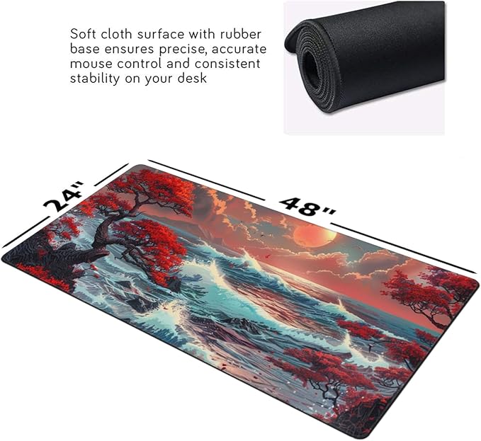 Japanese Desk Mat - 48 x 24 Inches - Sea Wave Extended Big Mouse Pad LargeXXXL Gaming Mouse Pad Desk Pad with 3mm Non-Slip Base and Stitched Edge for Home Office WorkFantasy Artwork Style