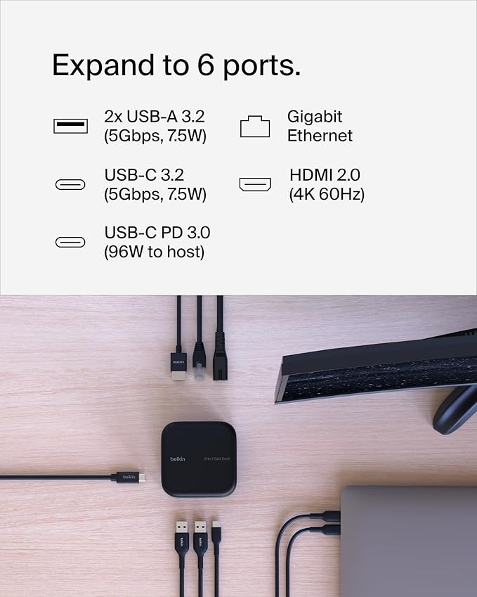 Belkin Connect USB-C 6-in-1 Core GaN Dock 130W Multiport Docking Station w/ 96W PD to Peripherals USB-C USB-A Gigabit Ethernet &amp HDMI 4K Ports for Gaming MacBook Pro PC Laptops &amp Chrom