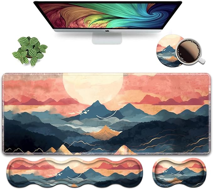 Ergonomic Keyboard Wrist Rest and Mouse Pad Wrist Rest Set Large XXL Gaming Mousepad 31.5x 11.8 Memory Foam Easy Typing Pain Relief Multifunctional Desk Mat for Office &amp Home Mountain Sunri