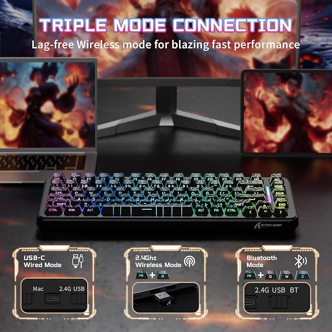 Attack Shark X82PRO HE 75% Wireless Rapid Trigger Gaming Keyboard Hall Effect Magnetic Switch Keyboard with 0.01mm RT Adjustable Actuation 8Khz Polling Rate Hot-Swap RGB for PC Gamer (Black)