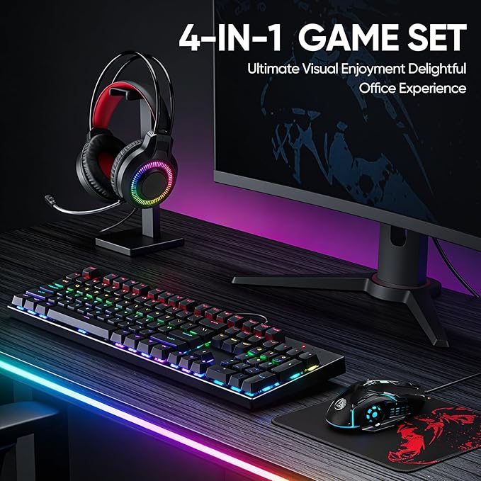 Gaming Mechanical Keyboard and Mouse and Mouse pad and Gaming Headset Wired LED RGB Backlight Bundle for PC Gamers and Xbox and PS4 Users - 4 in 1 Edition