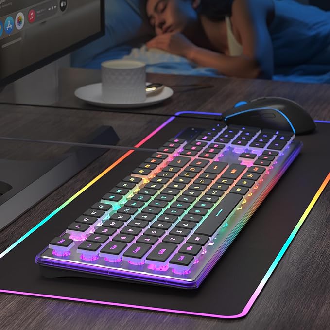 Camiysn Gaming Creamy Keyboard and Mouse Black 104 Keys RGB and 6 Speed RGB Mouse Combo Pudding Keycaps Silent Computer Keyboard for Computer/PC/Laptop/Mac/Windows/Office