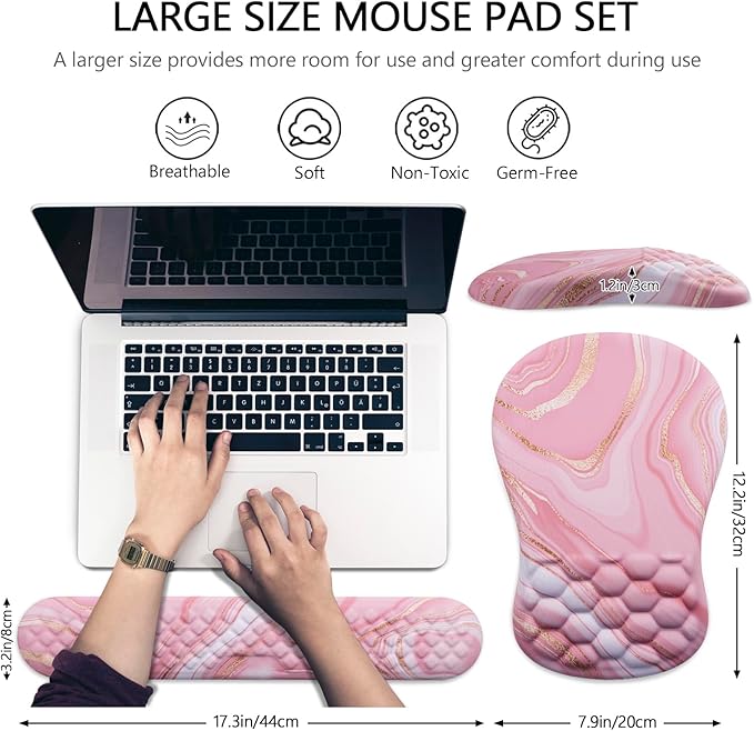 Mouse Pad Wrist Support Laokiiy 2 in1 Keyboard Wrist Rest+ Ergonomic Mouse Pad Non-Slip Wrist Rest for Computer Keyboard Made Easy Typing &amp Relieve Wrist Pain(Rose Gold Pink Marble)