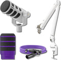 Rode PodMic USB Dynamic Broadcast Microphone (White) with Rode PSA1+ Professional Studio Boom Arm (White) Rode Premium XLR Cable and Pop Filter (10' Purple)