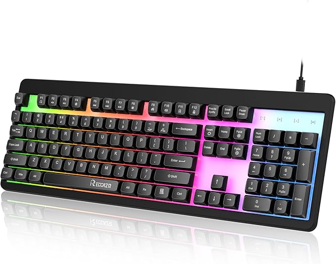 RECCAZR Rainbow LED Backlit Gaming Keyboard104 Full-Size Mechanical Feeling Multimedia PC Gaming Keyboard Anti-GhostingSpill-Resistant for PC and Office Device