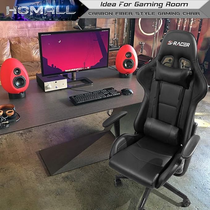 Homall Gaming Chair Office Chair High Back Computer Chair Leather Desk Chair Racing Executive Ergonomic Adjustable Swivel Task Chair with Headrest and Lumbar Support (Dark Black)