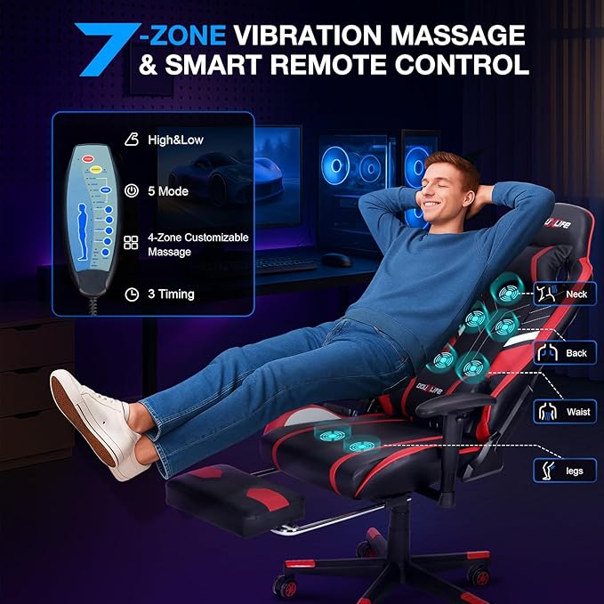 Douxlife 7-Point Massage Gaming Chair with Footrest 400lbs Heavy Duty Ergonomic Computer Chair 175° Reclining High Back Racing Seat for Adults with Adjustable Armrests &amp Lumbar Support Red