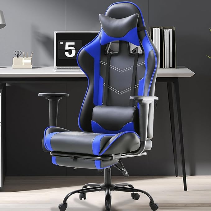 PC Gaming Chair with Footrest Ergonomic Home Office Chair with Lumbar Support &amp Headrest Pillow Height Adjustable Swivel Recliner Racing Computer Video Game Chairs Blue