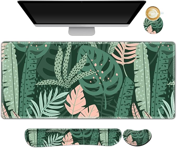 AIMSA Large Gaming Mouse Pad Set Keyboard Wrist Rest Support Mouse Pad Ergonomic Memory Foam Multifunctional Extended Desk Mat 35x15.7in Anti-Slip Rubber Base for Office Home Pink Green Leaves