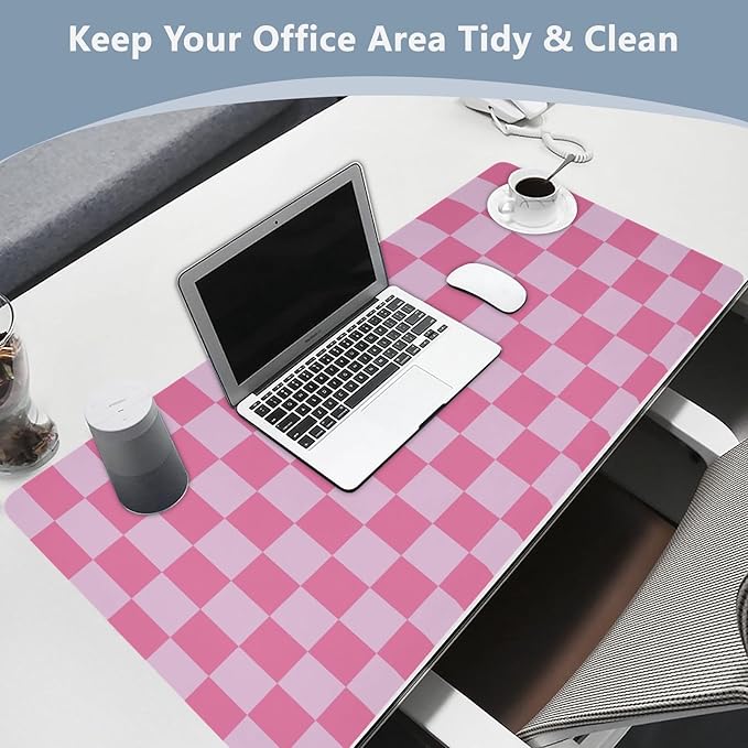 Mouse Pad Desk Mat Leather Desk Pad Large Gaming Desk Cover Protector Mat for Keyboard Computer Laptop Office Waterproof 47.2 x 23.6 Inch Checkered Pink