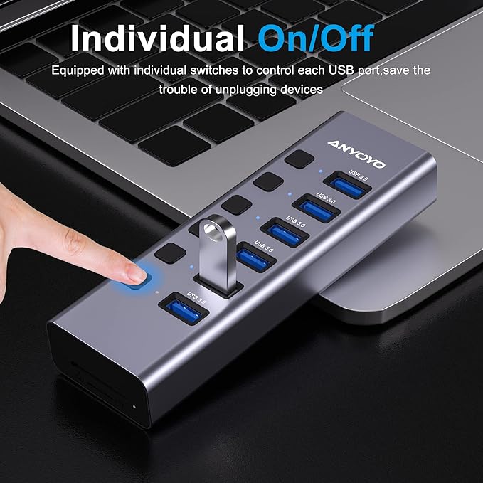 Powered USB Hub with TF/SD Card Reader 8-Port USB 3.0 Hub with 6 USB 3.0 Data Ports USB Spilter with Individual On/Off SwitchesAluminum USB Hub with AC Adapter for PC Desktop MacBook