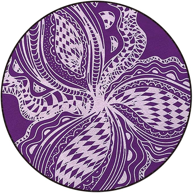Purple Round Rug Soft Distressed Kitchen Round Area Rug Non Slip Non-Shedding Laundry Room Mat Low Pile Entry Floor Carpet Floral Pattern Boho Inspired Design Diameter 47.2 in