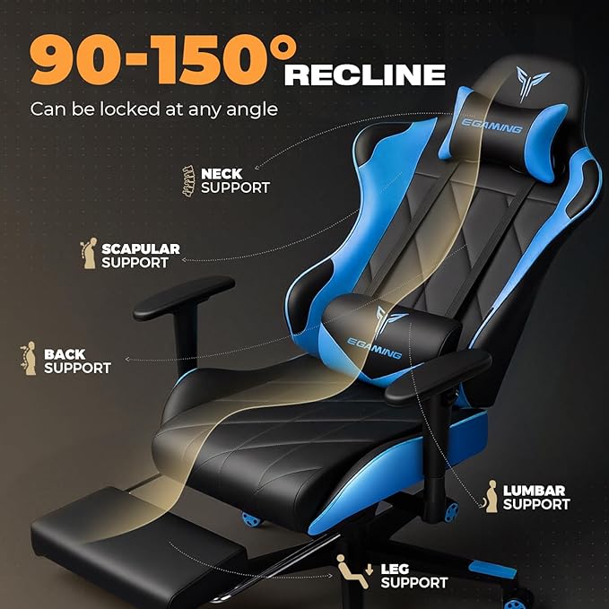 Gaming Chair with Footrest Ergonomic High-Back PU Leather Computer Chair with 3D Adjustable Armrests Headrest and Lumbar Support Office Desk Chair with Diamond Stitching for Adults &amp Teen