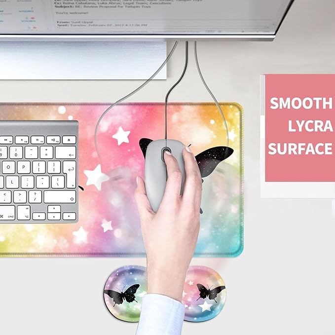 Mouse PadLarge Desk Mat Set 4in1 XL Mousepad + Keyboard Wrist Rest+Mouse Wrist Rest+Coaster with Ergonomic Desk Pad for Home Office Table Computer Cover -Butterfly Silhouettes and Stars