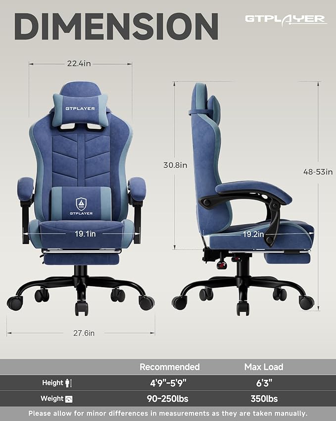 GTPLAYER Gaming Chair for Adults Ergonomic Computer Gaming Chair with Footrest Height Adjustable 90-155° Recline &amp Removable Headrest Lumbar Support Blue