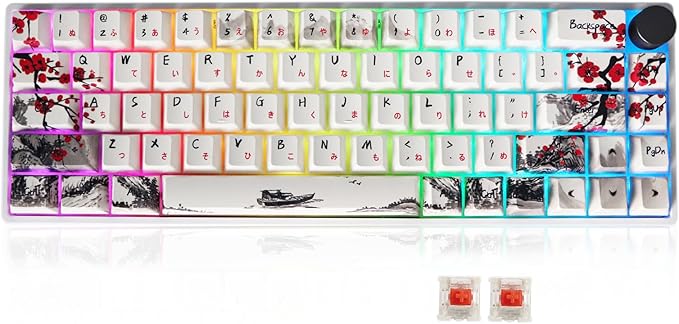 MOLGRIA GK68 68-Key RGB Backlit Gaming Keyboard with Plum Blossom Keycaps Hot Swappable Red Mechinery Switches Triple Mode Connection with Knob Mechanical Keyboard for Win/Mac OS