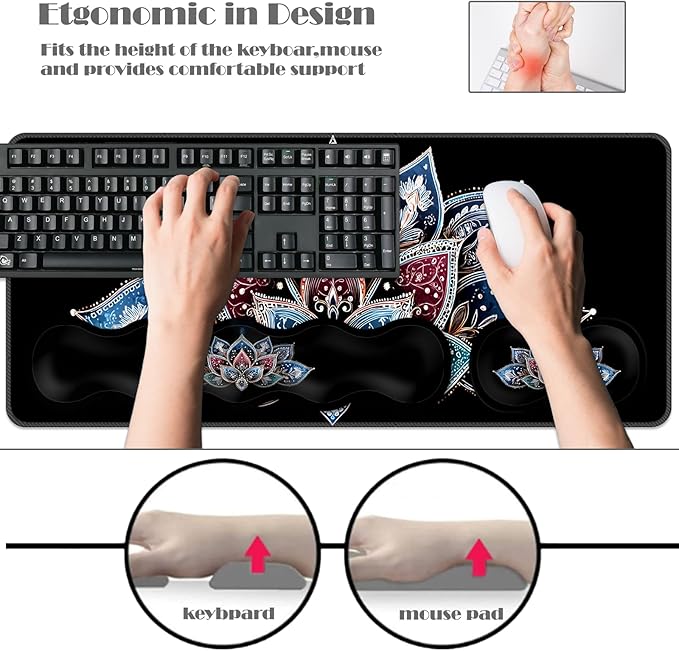 Ergonomic Keyboard Wrist Rest &amp Mouse Pad Wrist Rest SetXL Gaming Desk Mat 31.5x 11.8Non-Slip BaseMemory FoamEasy Typing Pain Relief for Office &amp HomeBlue and Red Lotus