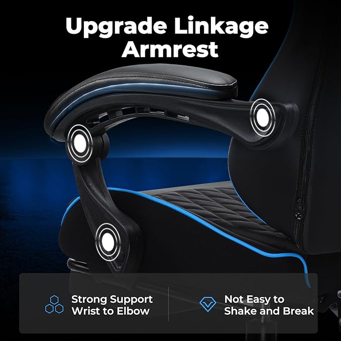 EXRACING Gaming Chair Ergonomic Computer Chair with Footrest and Lumbar Support Height Adjustable High Back Leather Office Chair 360° Swivel with Linked Armrest for Adult and Teen (Blue)