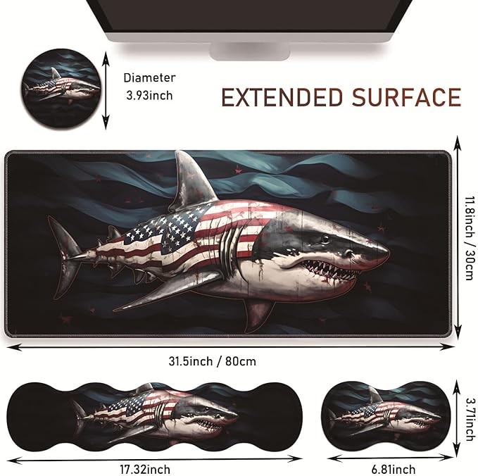 Large Gaming Table Pad 31.5 x 11.8 + Keyboard Wrist Pad + Mouse Wrist Pad + Coaster Non-Slip Base 4-in-1 Set Ergonomic Memory Foam Easy Typing Pain Relief American Flag Shark