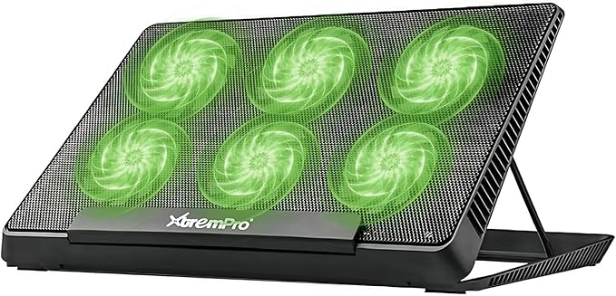 Portable Metal Mesh Laptop Cooler Cooling Pad 6 Quiet Fans w/Green LED Light 5 Adjustable Heights Up to 17 in Notebook 2 USB Interface w/Speed Control Switch Non-Slip - Black (11147)