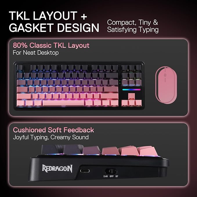 Redragon K728 PRO 80% Wireless Gasket Gaming Keyboard 3-Mode 87 Keys TKL Mechanical Keyboard w/South-Facing LED &amp Hot-Swap Socket 5-Layer Noise Dampening Custom Linear Switch PBT Gradient Keyc