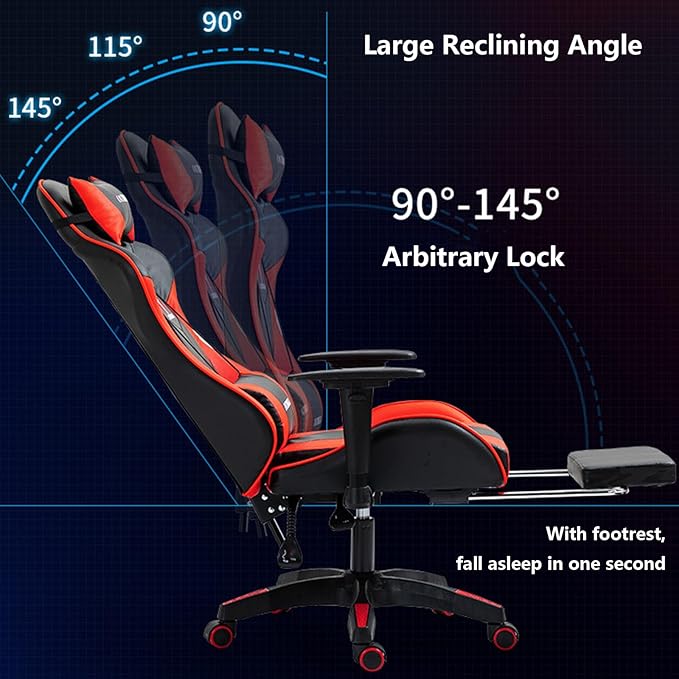Gaming Chair Computer Chair with Footrest and Lumbar Support Height Adjustable Office Chair High-back Ergonomic Video Game Chairs with Swivel Seat and Headrest for Office Or GamingOne Size Black