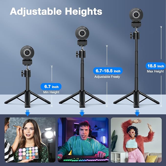 EMEET SmartCam S800-4K Webcam with Tripod for Streaming Sony 1/2'' Sensor Supports HDR PDAF&ampTOF Dual-autofocus 1080P@60FPS Adjustable Heights with 360° Swivel Head Perfect for Live Streaming