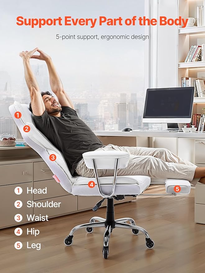 VEVOR Reclining Office Chair with Footrest Heavy Duty PU Leather Oversize Office Chair Big and Tall Executive Office Chairs with Lumbar Support Strong Metal Base Quiet Wheels White