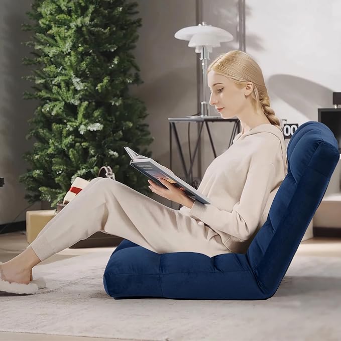 Floor Chair 24 inches Wide Oversized Velvet Armless Lay Flat Floor seat Padded Meditation Chair with 6 Adjustable Position Ergonomic Comfortable Convenient(LRSF-013-NAVY)