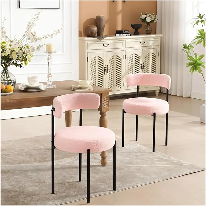 Adjustable Office Computer Chair with Armrest 2pcs Round Thicken Upholstered Kitchen Dining Chairs with Curved Backrest(Pink)