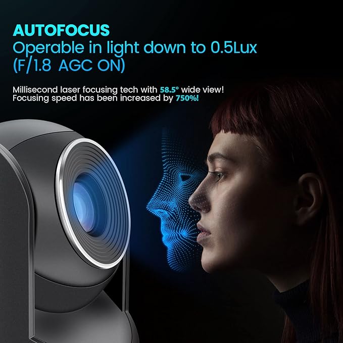 ROCWARE RC20 PTZ Camera [USB Output &amp AutoFocus] Video Conference Camera with 10X Optical Zoom 16X Digital Zoom [Low-Light &amp White Balance Correction] 2K 1080P Full-HD Live Streaming Webcam