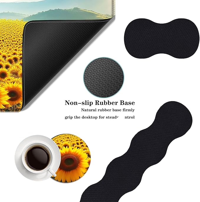 Mouse PadLarge Desk Mat Set 4in1 XL Mousepad + Keyboard Wrist Rest+Mouse Wrist Rest+Coaster with Ergonomic Desk Pad for Home Office Table Computer Cover -Sunflower Field and Mountain
