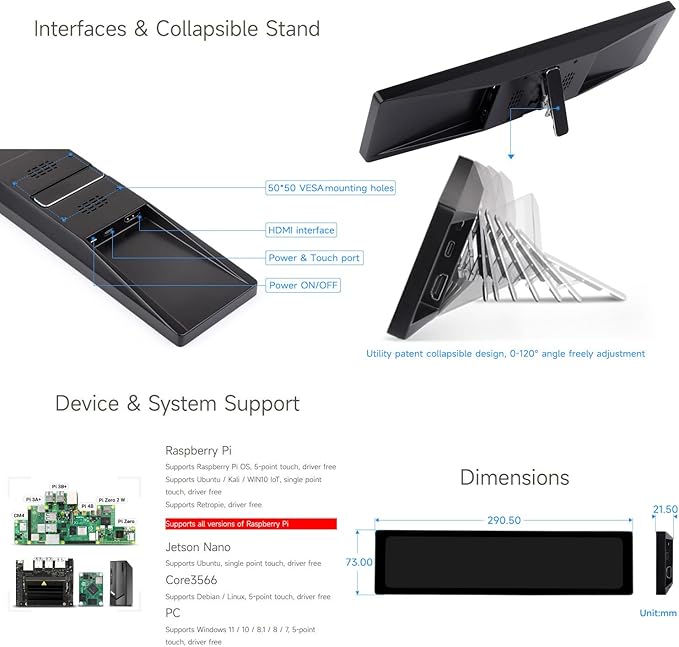 Waveshare 11.9inch IPS Display Compatible with Raspberry Pi 5/4B/3B+/3A+/2B/Zero 2W CM3+/4 5-Point TouchDriver FreeDual-Track SpeakerSoftware Brightness AdjustmentNO Touch Function