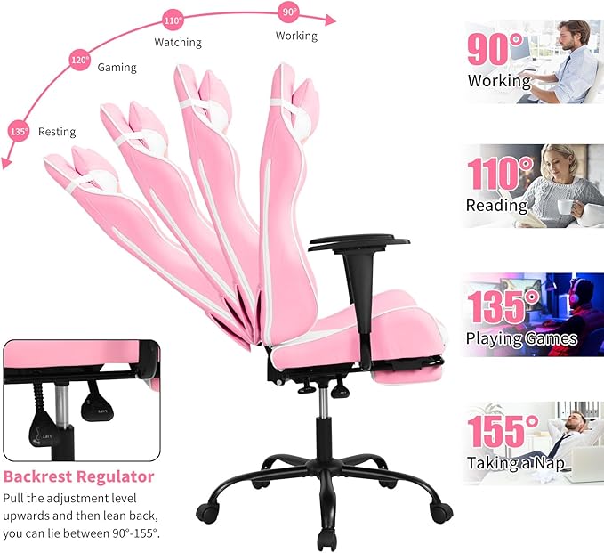 BLKMTY Gaming Chair Reclining Computer Chair with Footrest and Lumbar Support Height Adjustable Game Chairs with Swivel Seat and Headrest for Home Office or Gaming (Pink)