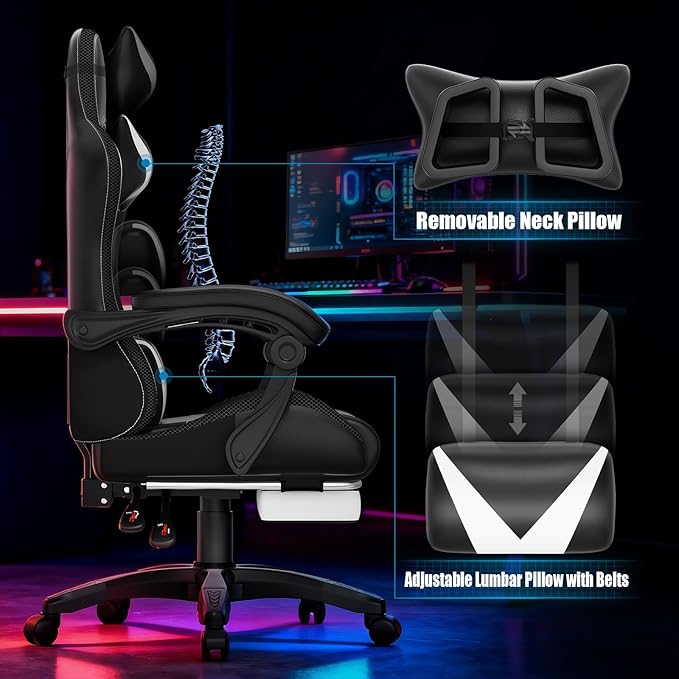 Gaming Chair RGB LED Lights Computer Chair with Footrest Lumbar Support Massager Gamer Chair High Back 90-135° Reclining Linkage Armrests White