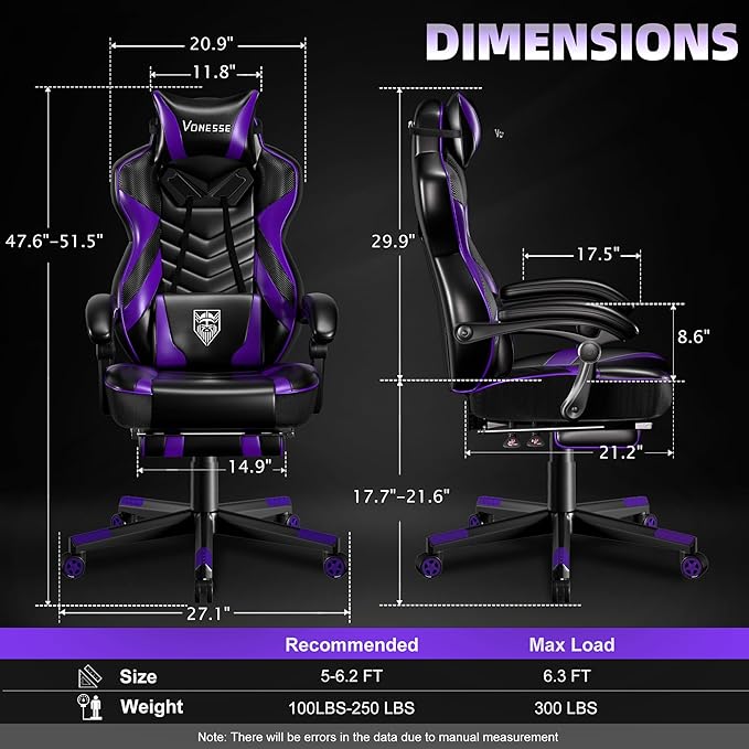 Vonesse Gaming Chair Big and Tall Gaming Chair with Footrest and Massage Gaming Chairs for Adults with Lumbar Support Ergonomic High Back Computer Chair with Pocket Spring Cushion (Purple/Black)