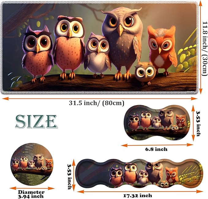 Large Gaming Mouse Pad + Keyboard Wrist Rest + Wrist Support + Coaster Set Memory Foam Ergonomic for Easy Typing XXL Extended Gaming Mouse Pad Table Pad - Cute Owl