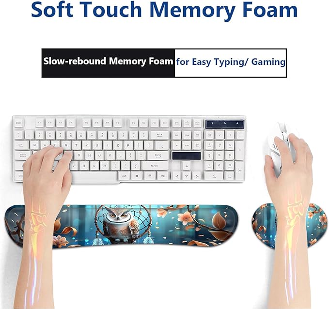 Large Mouse Pad + Keyboard Wrist Rest Set Extended Gaming Mousepad (31.5X11.8 inch) with Non-Slip Rubber Ergonomics Memory Foam Mouse Wrist Rest Support Dreamcatcher and Owl XXL Desk Pad