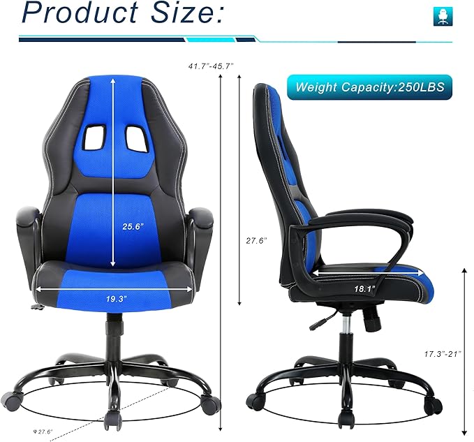 Silla Gamer Ergonomic Racing Chair - Blue Leather Massage Gaming Chair for Adults and Kids