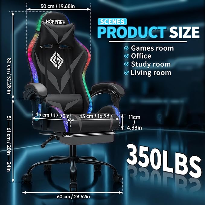 RGB Gaming Chair with Massage and LED Lights Ergonomic Video Game Chairs with Footrest High Back Reclining Computer Chair with Adjustable Lumbar Support Grey and Black