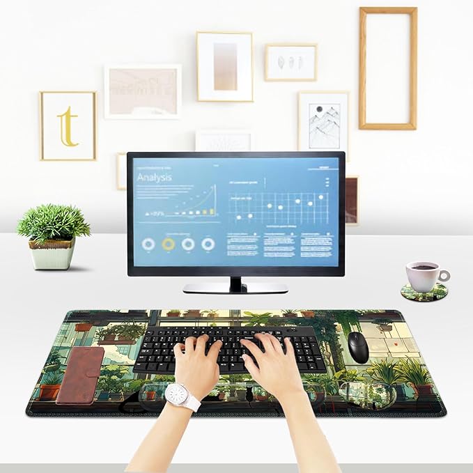 ToLuLu Extended Gaming Mouse Pad Memory Foam Ergonomic Keyboard Mouse Wrist Rest Support Set Large Desk Mat with Stitched Edges Non-Slip Base Mousepad Home Office Cute Green Japanese Kawaii Cat