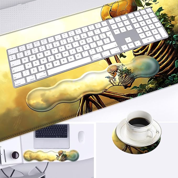 Large Mouse Pad and Keyboard Wrist Rest Desk Pad for Keyboard and Mouse 4-in-1 Large Gaming Mouse Pad with Wrist Support Desk Mat for Home Office Study GameSkeleton and Butterfly