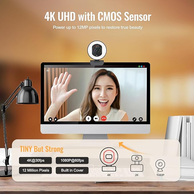 Angetube 4K Webcam with Light for PC: UHD 4K TOF Auto Focus Dual AI Noise-Cancelling Mics 1080p@60FPS USB Streaming Webcam w/Privacy Cover for Laptop/Mac/Desktop/PC Work w/Zoom/Teams/Google Meet
