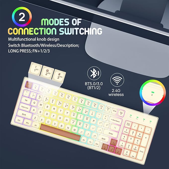 KOLMAX BK98 Wireless Gaming Keyboard Dual Mode 2.4G/Bluetooth Gaming KeyboardRGB Backlit Ergonomic 98 Keys PBT Mechanical Feeling Wireless Keyboard for Office Windows Mac PC Gamer(Retro Brown)