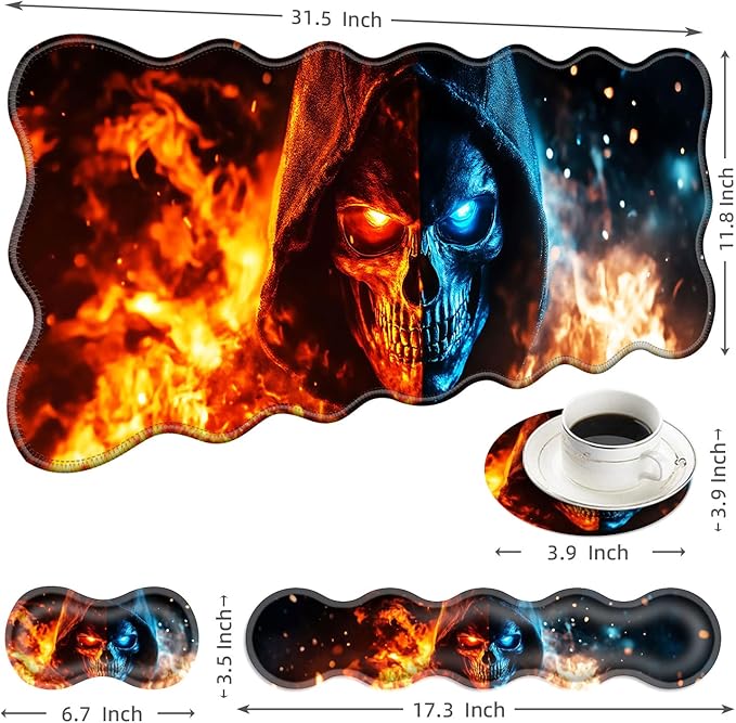 Large Mouse Pad and Keyboard Wrist Rest Desk Pad for Keyboard and Mouse 4-in-1 Large Gaming Mouse Pad with Wrist Support Desk Mat for Home Office Study Game-Flaming Skull